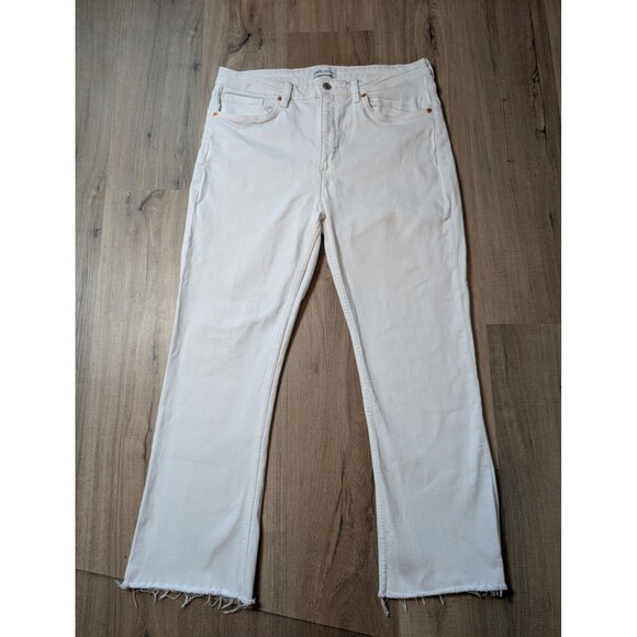 ZARA White Straight Leg Jeans Size 14 High Waist Raw Hem Cropped Stretch Y2K - Picture 1 of 7